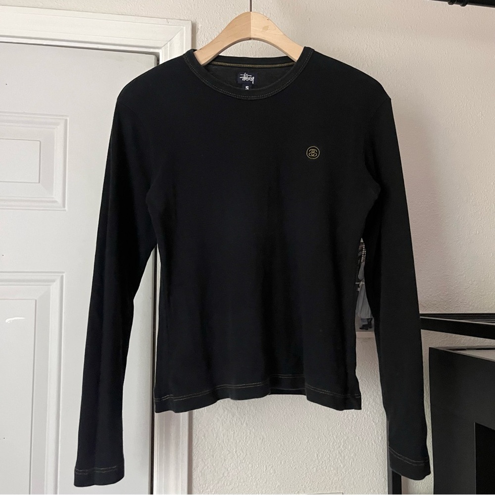 STUSSY black vintage logo embroidery crew neck‎ long sleeve T-shirt tee